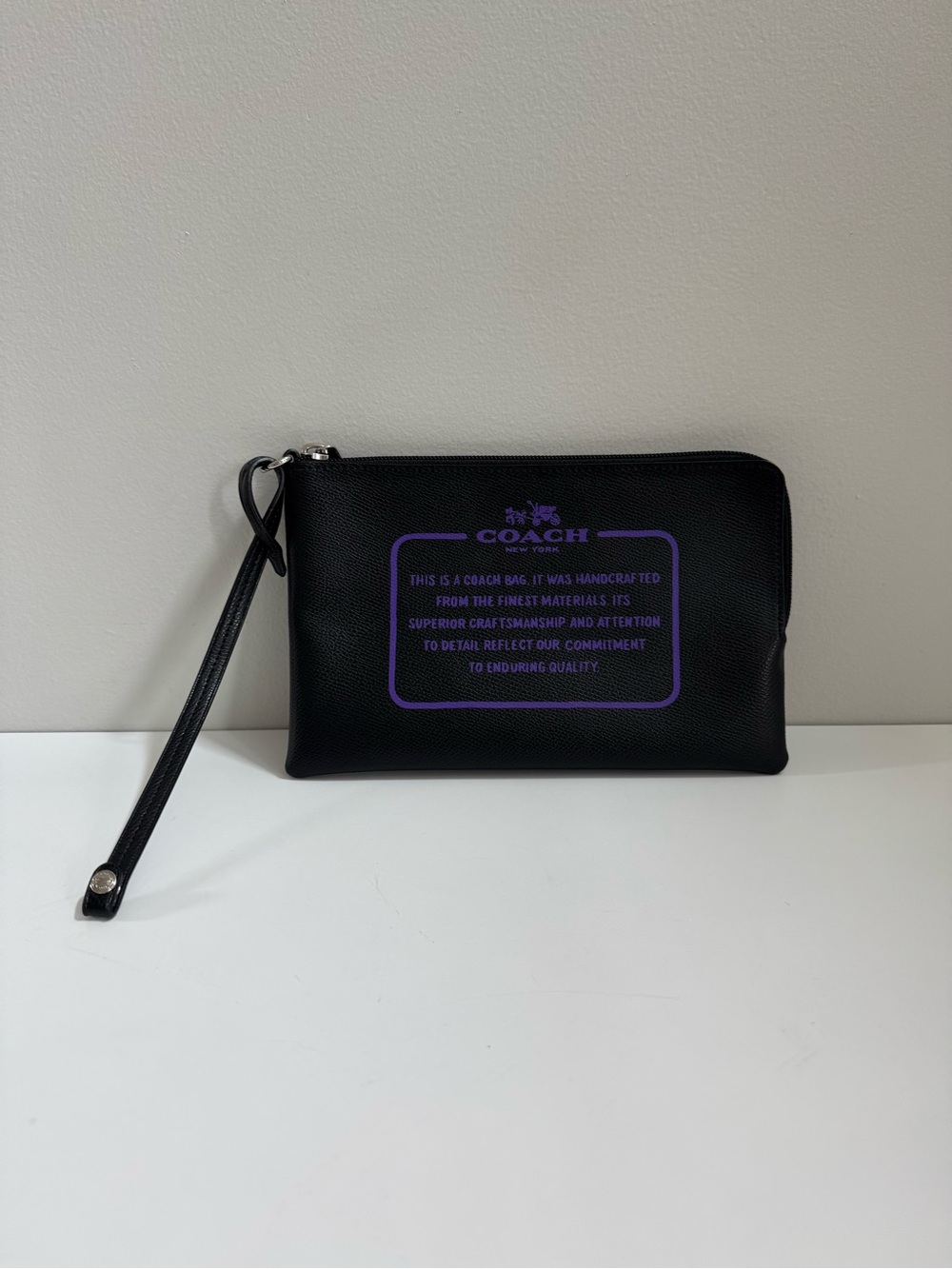 Coach Storypatch Creed Black & Purple Pebbled Leather Wristlet Clutch